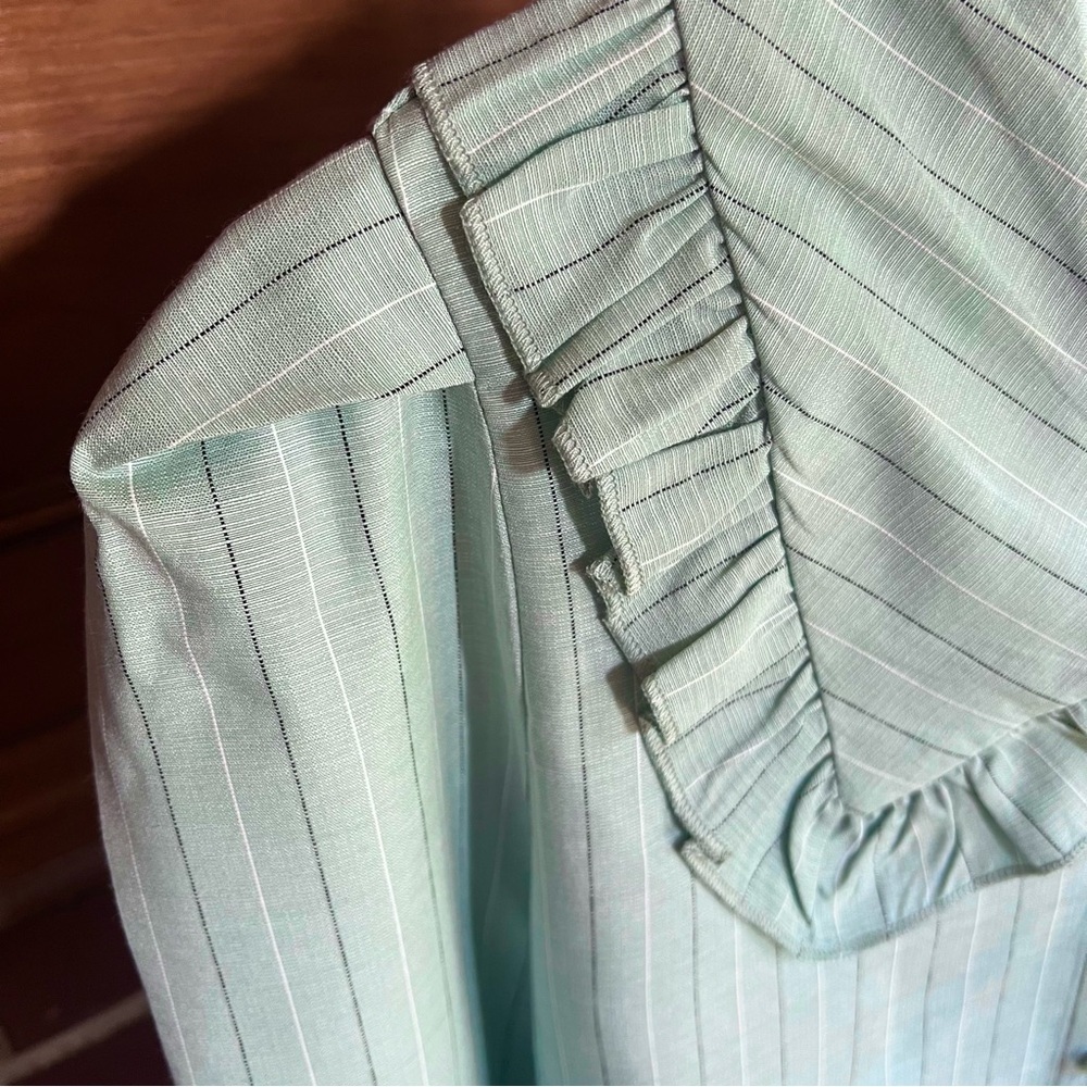 NWT Mint Green Pinstripe Peter Pan Ruffled Collar Blouse Pleated Long Sleeves S - Picture 5 of 5